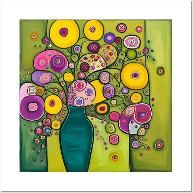 Cute Abstract Flowers in a Green Vase Still Life Painting Wall Art by bragova